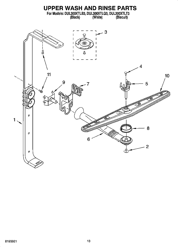 UPPER WASH AND RINSE PARTS Diagram and Parts List for DUL300XTLT3  Whirlpool Dishwasher