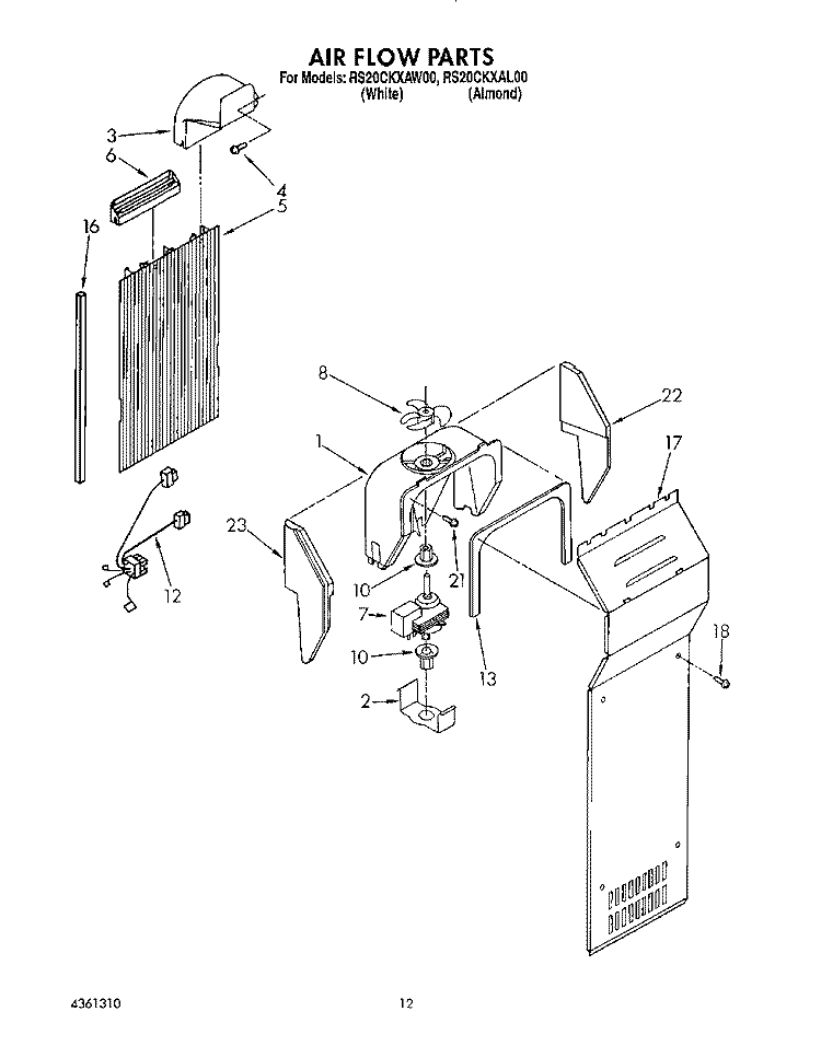 AIR FLOW Diagram and Parts List for RS20CKXAW00  Roper Refrigerator