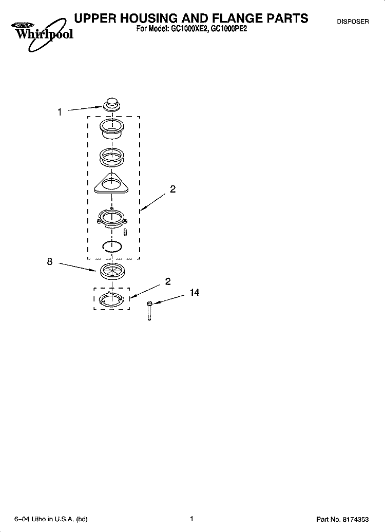 UPPER HOUSING AND FLANGE PARTS Diagram and Parts List for GC1000XE2  Whirlpool Food Waste Disposer