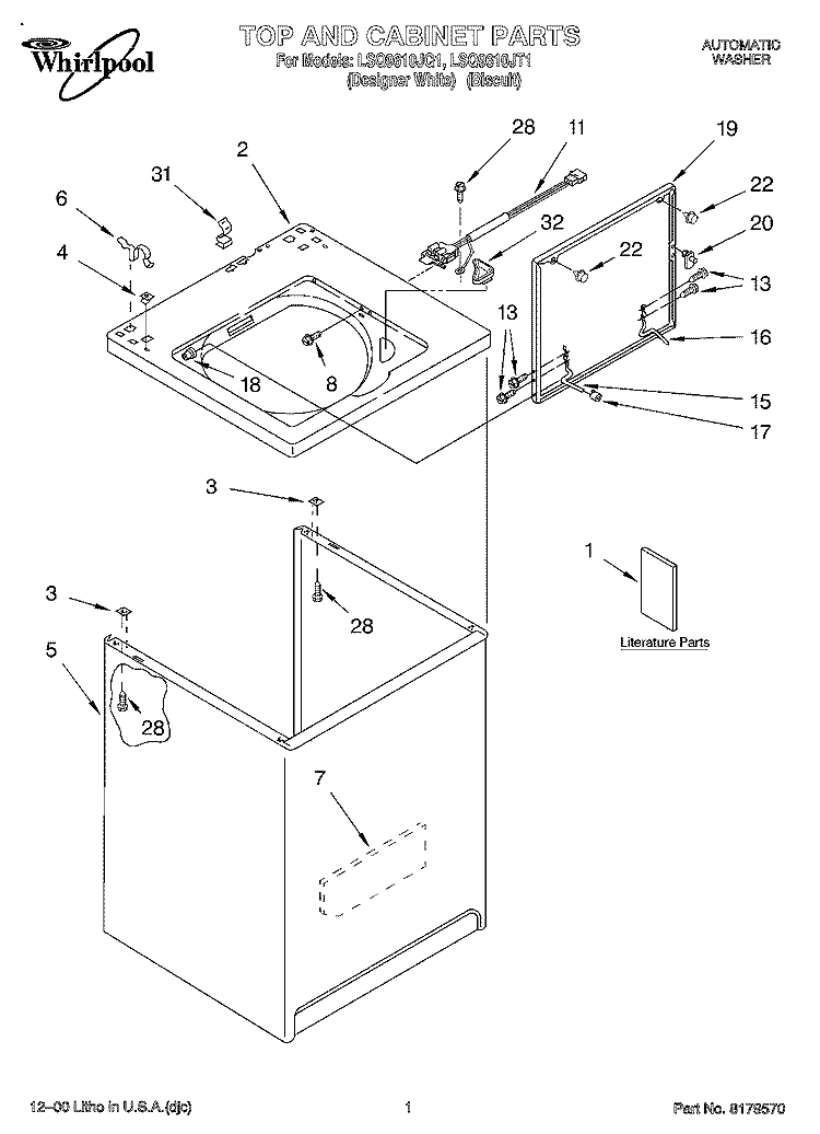 TOP AND CABINET, LITERATURE Diagram and Parts List for LSQ9610JT1  Whirlpool Washer
