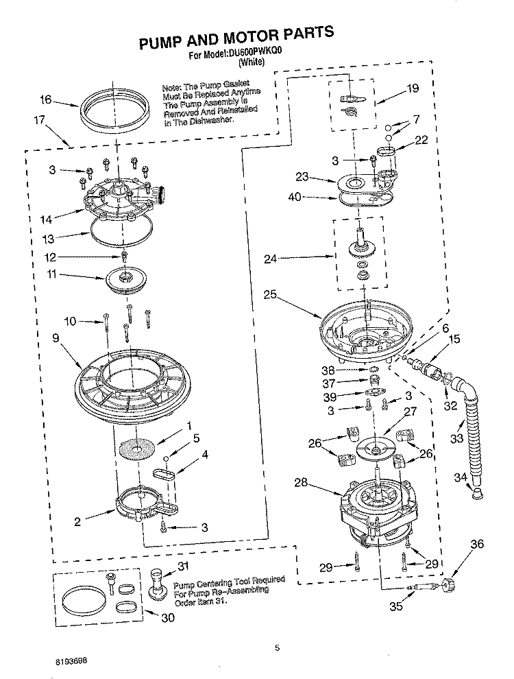 PUMP AND MOTOR Diagram and Parts List for DU600PWKQ0  Whirlpool Dishwasher