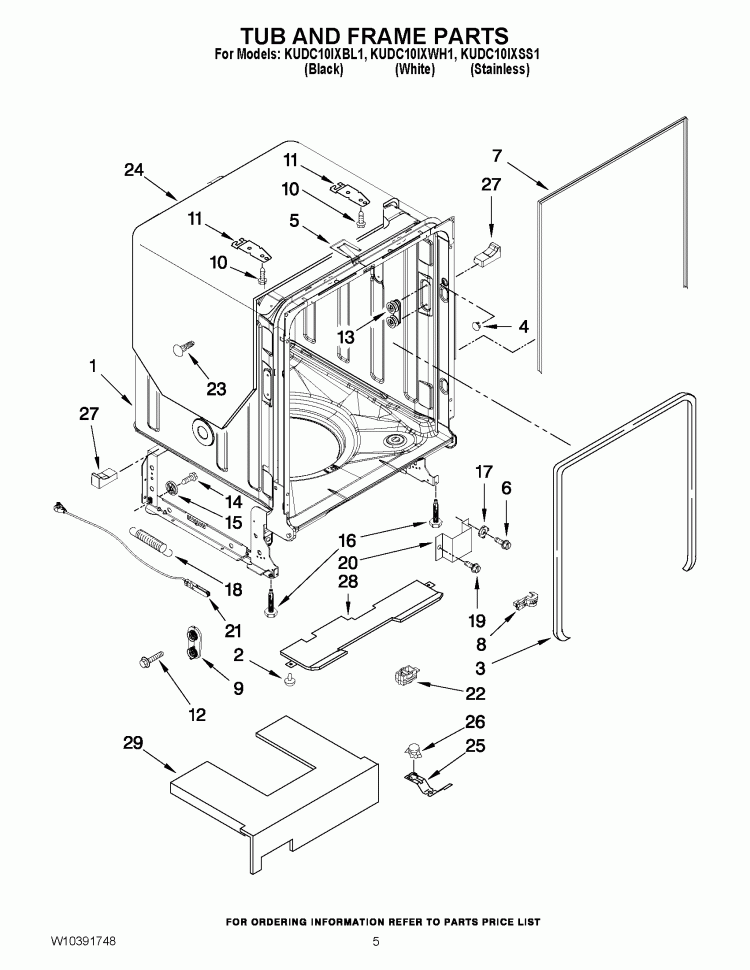 TUB AND FRAME PARTS Diagram and Parts List for KUDC10IXWH1  KitchenAid Dishwasher