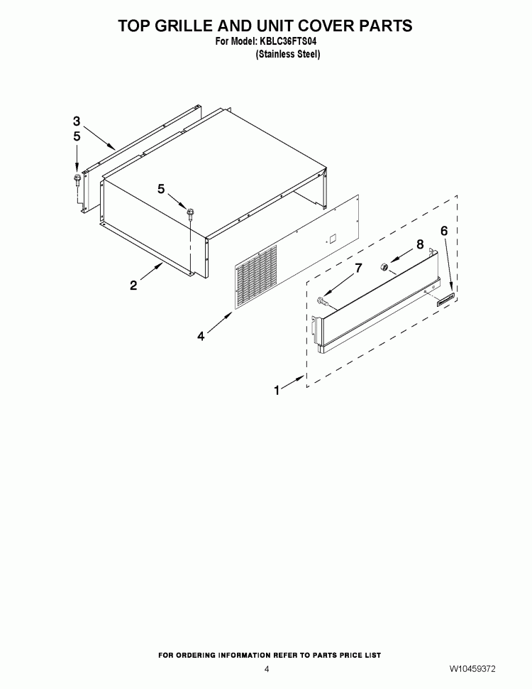 TOP GRILLE AND UNIT COVER PARTS Diagram and Parts List for KBLC36FTS04  KitchenAid Refrigerator