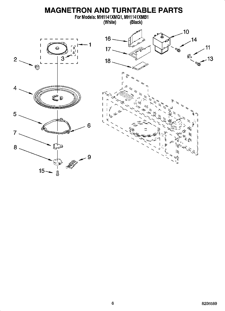 MAGNETRON AND TURNTABLE PARTS Diagram and Parts List for MH1141XMQ1  Whirlpool Microwave