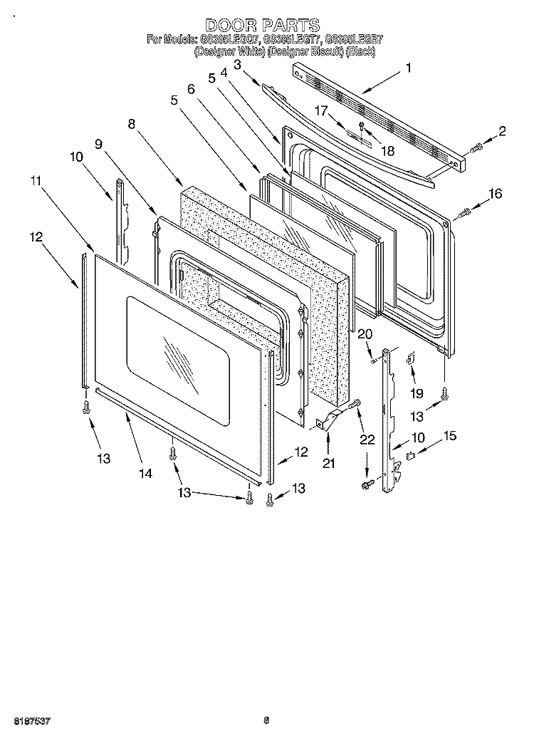 DOOR, OPTIONAL Diagram and Parts List for GS395LEGQ7  Whirlpool Range
