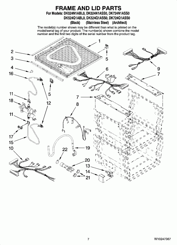 FRAME AND LID PARTS Diagram and Parts List for DK524N1ABL0  Whirlpool Dishwasher
