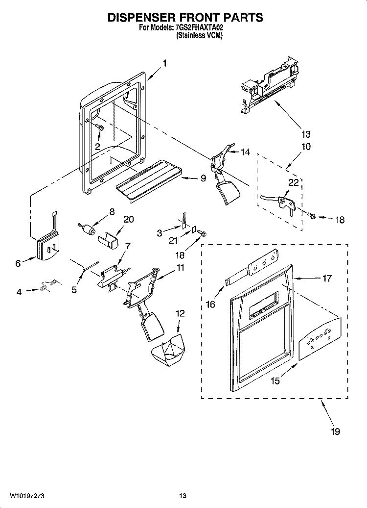 DISPENSER FRONT PARTS Diagram and Parts List for 7GS2FHAXTA02  Whirlpool Refrigerator