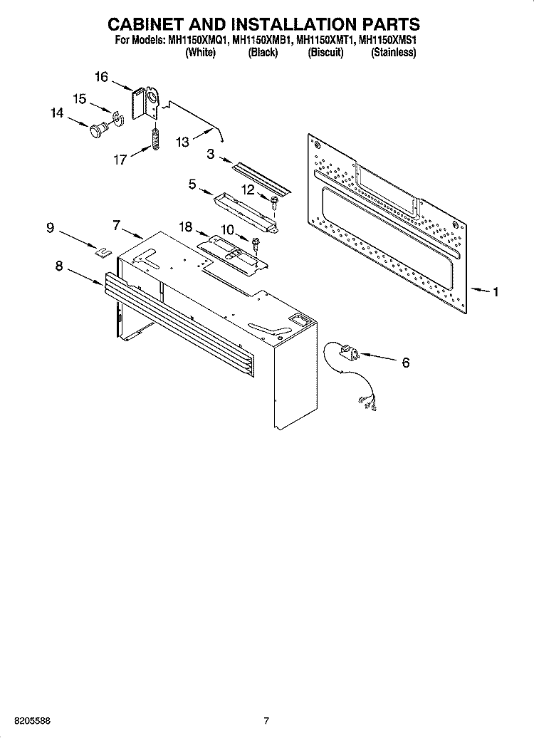 CABINET AND INSTALLATION PARTS Diagram and Parts List for MH1150XMB1  Whirlpool Microwave