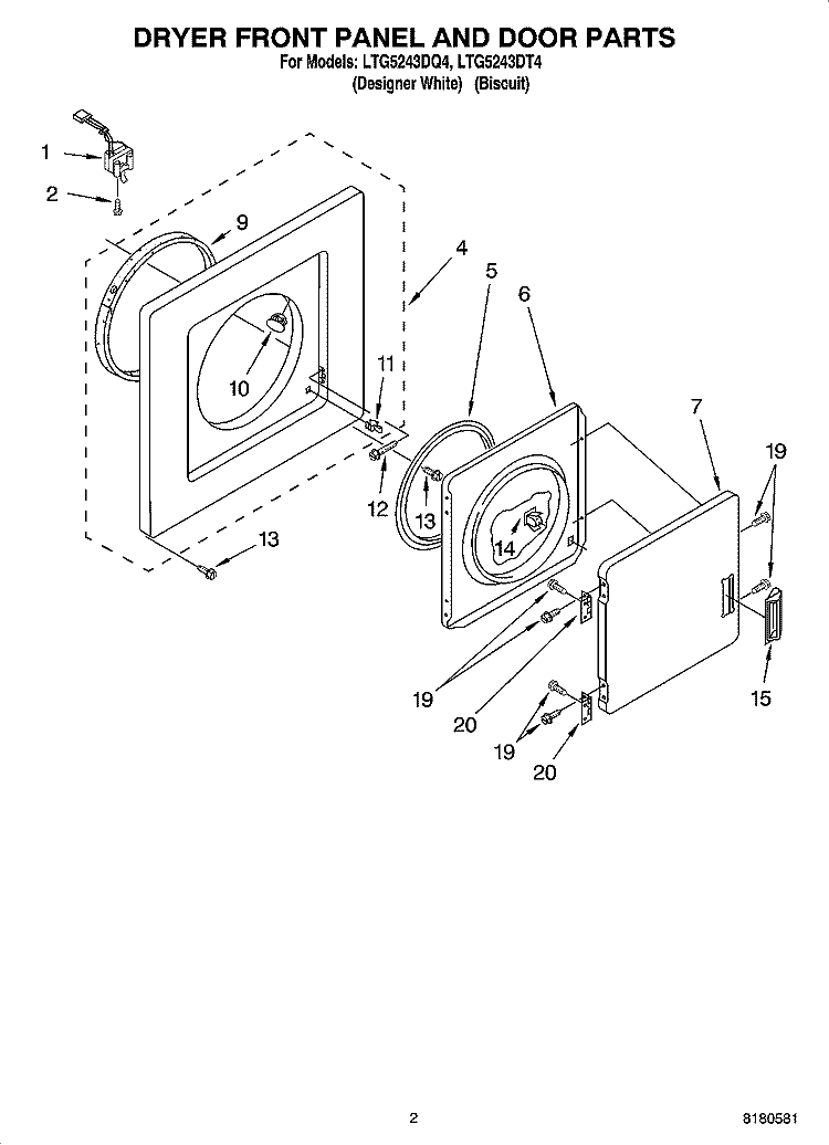 DRYER FRONT PANEL AND DOOR PARTS Diagram and Parts List for LTG5243DT4  Whirlpool Washer Dryer Combo