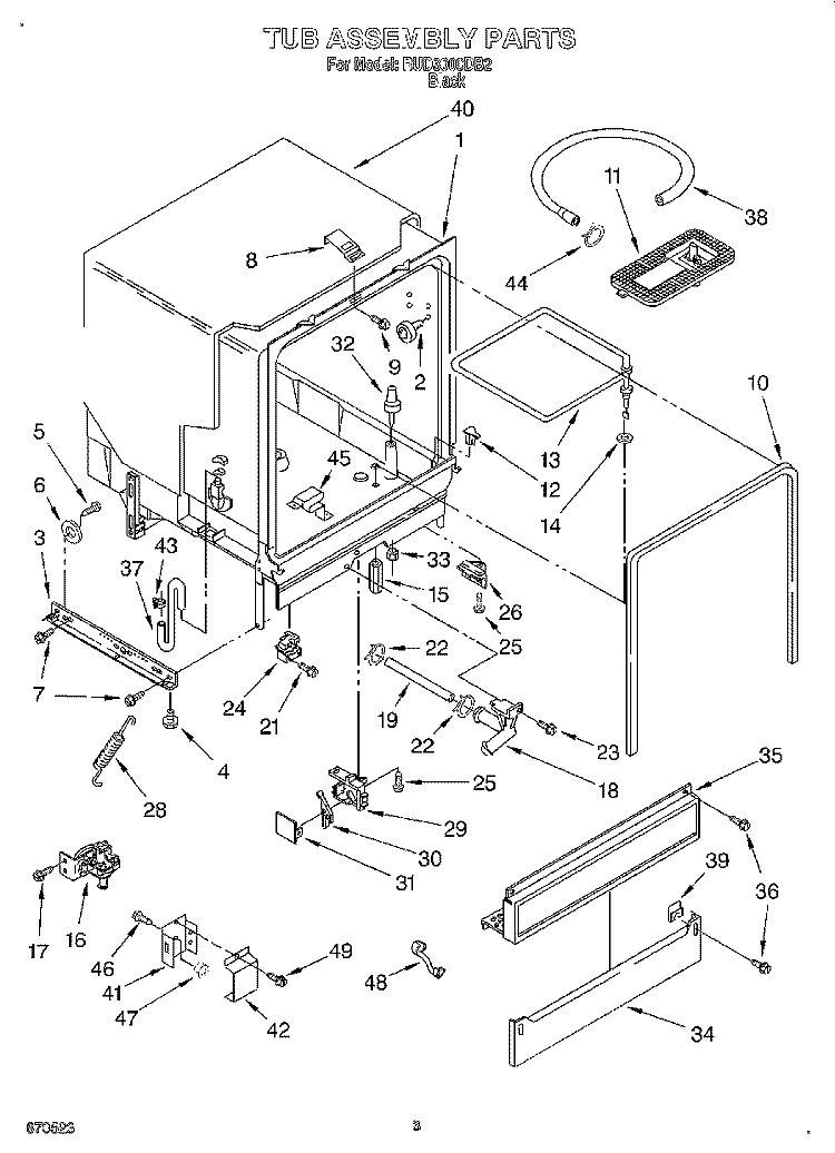 TUB ASSEMBLY Diagram and Parts List for RUD3000DB2  Roper Dishwasher