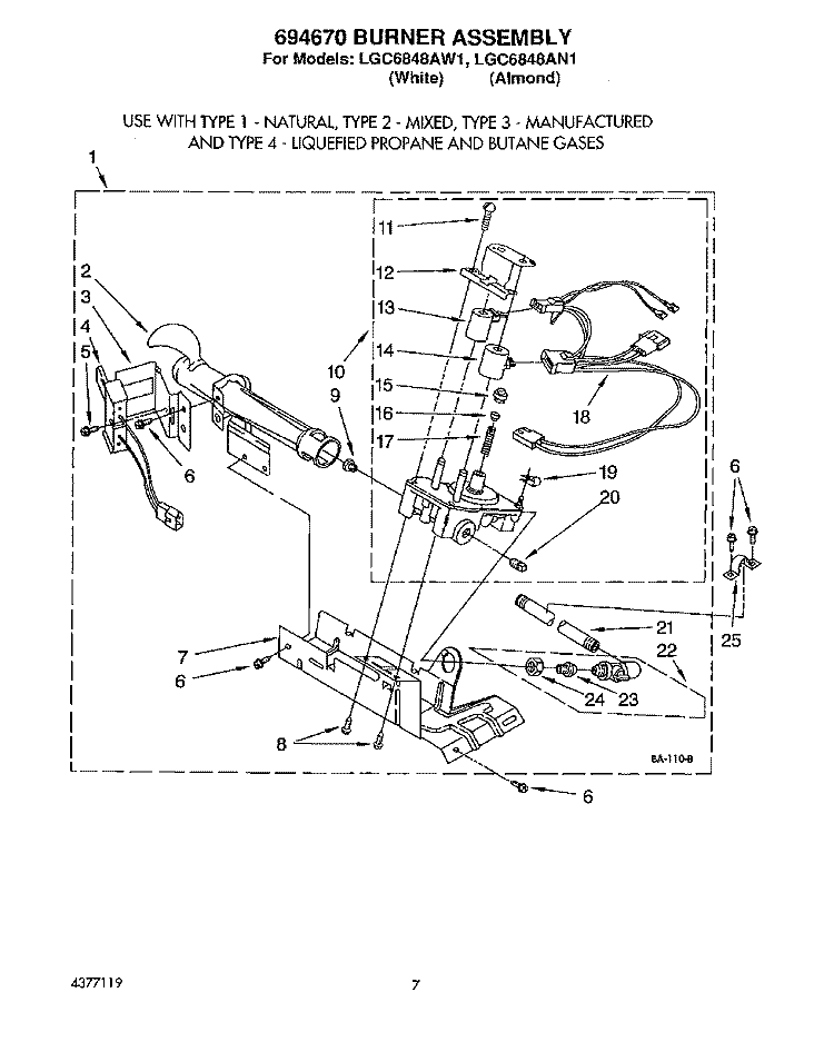 694670 BURNER ASSEMBLY Diagram and Parts List for LGC6848AW1  Whirlpool Dryer
