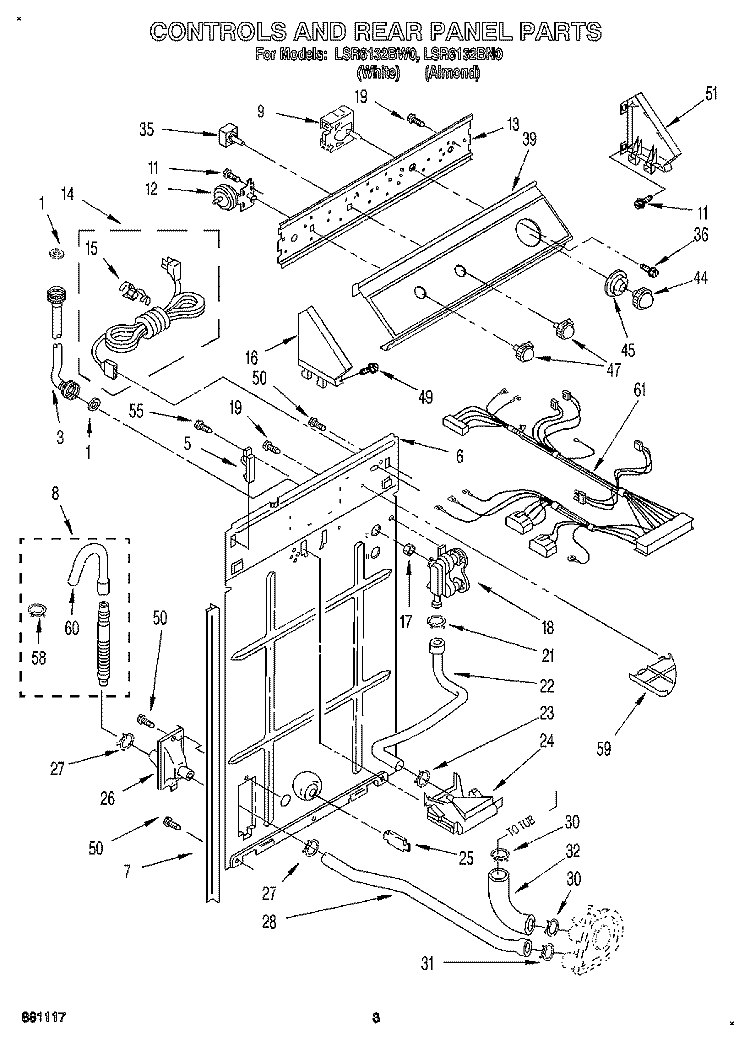 CONTROLS AND REAR PANEL Diagram and Parts List for LSR6132BW0  Whirlpool Washer