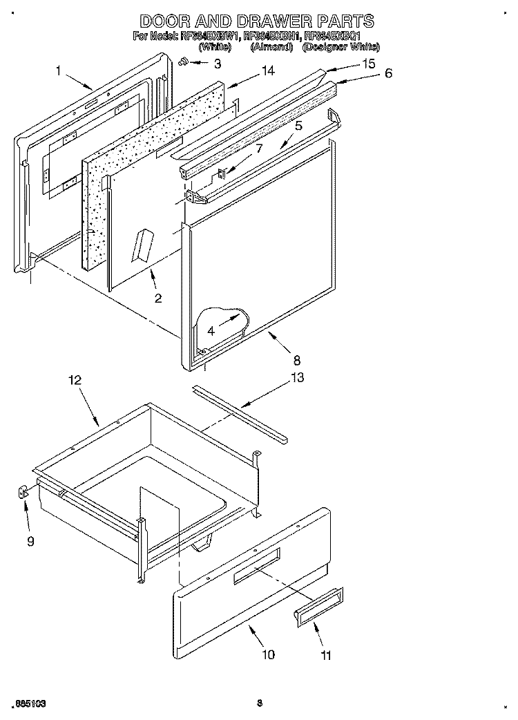 DOOR AND DRAWER Diagram and Parts List for RF364BXBQ1  Whirlpool Range