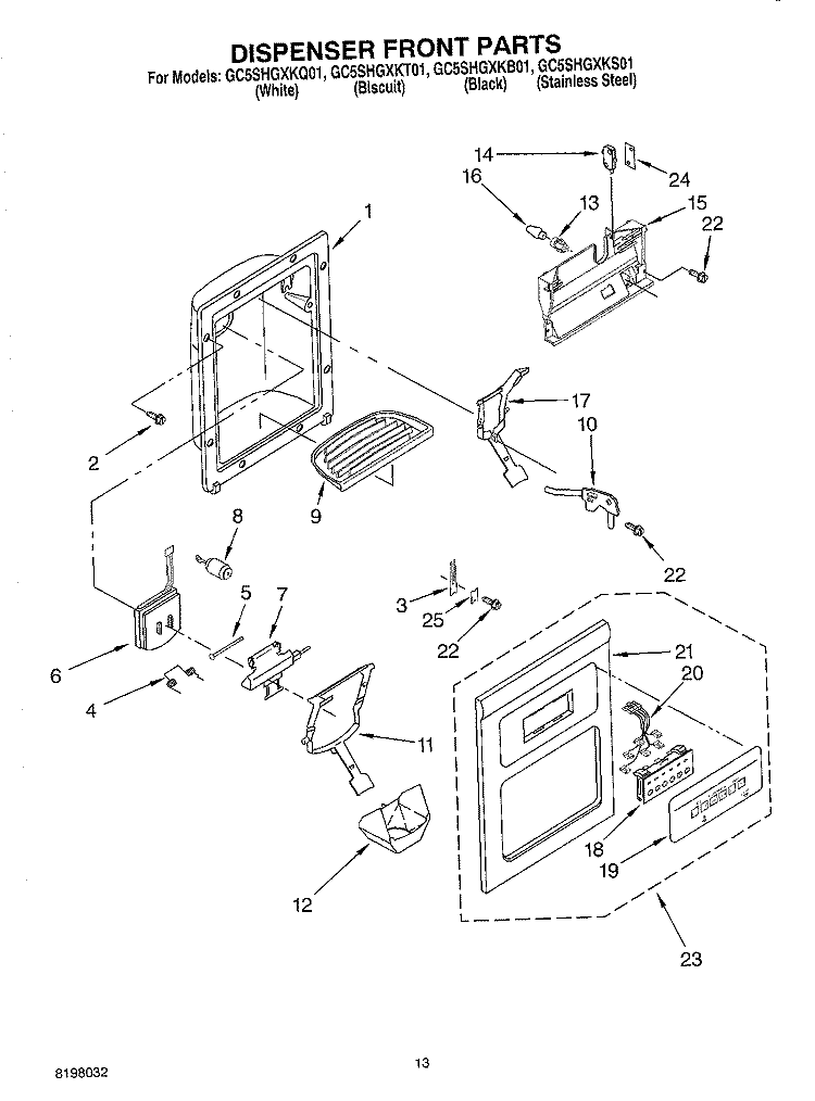 DISPENSER FRONT Diagram and Parts List for GC5SHGXKB01  Whirlpool Refrigerator