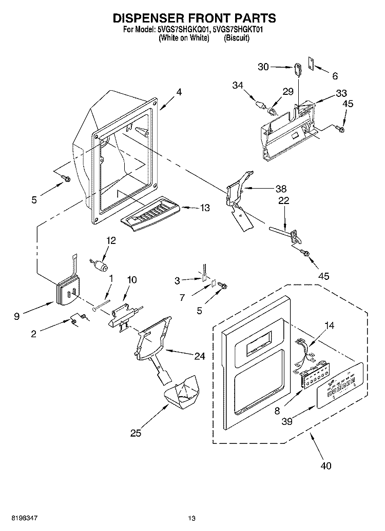 DISPENSER FRONT PARTS Diagram and Parts List for 5VGS7SHGKT01  Whirlpool Refrigerator