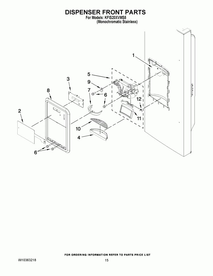DISPENSER FRONT PARTS Diagram and Parts List for KFIS20XVMS5  KitchenAid Refrigerator