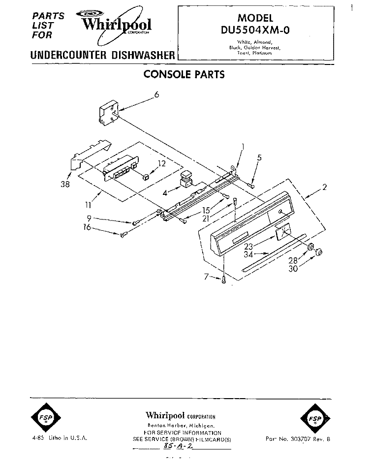 CONSOLE Diagram and Parts List for DU5504XM0  Whirlpool Dishwasher