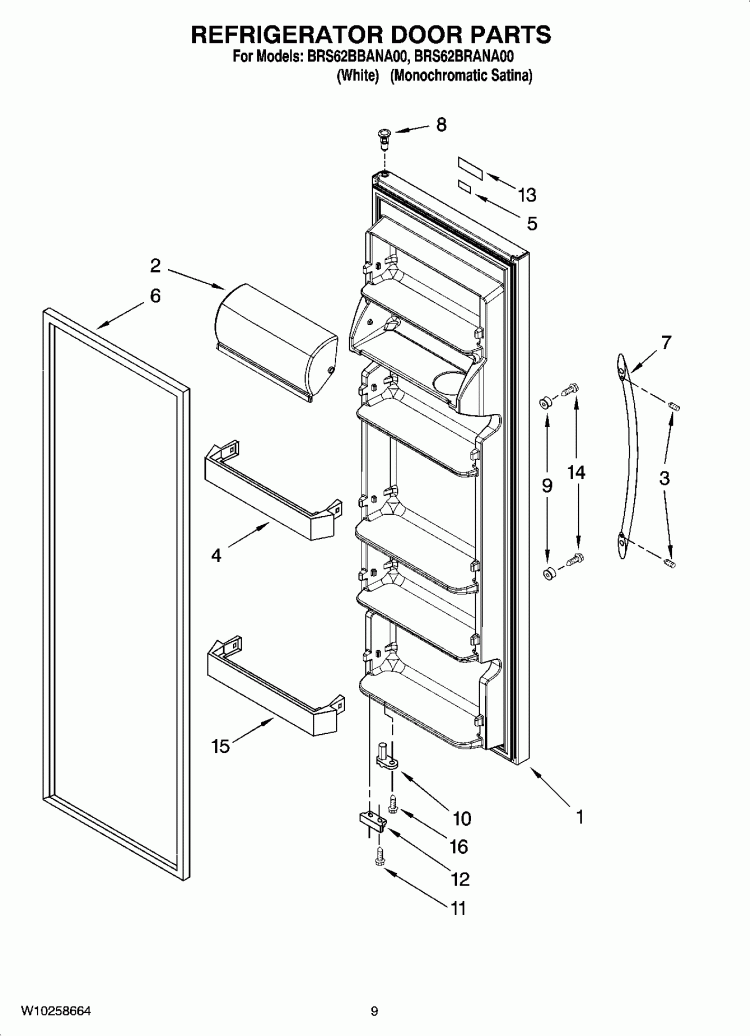 REFRIGERATOR DOOR PARTS Diagram and Parts List for BRS62BRANA00  Whirlpool Refrigerator