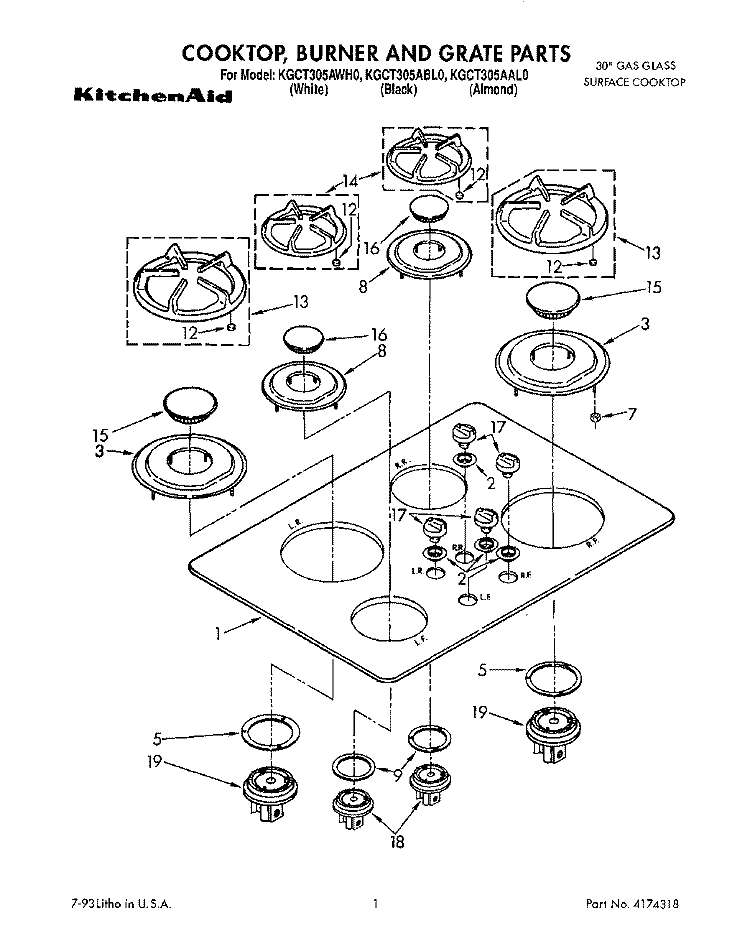COOKTOP, BURNER AND GRATE Diagram and Parts List for KGCT305ABL0  KitchenAid Cooktop