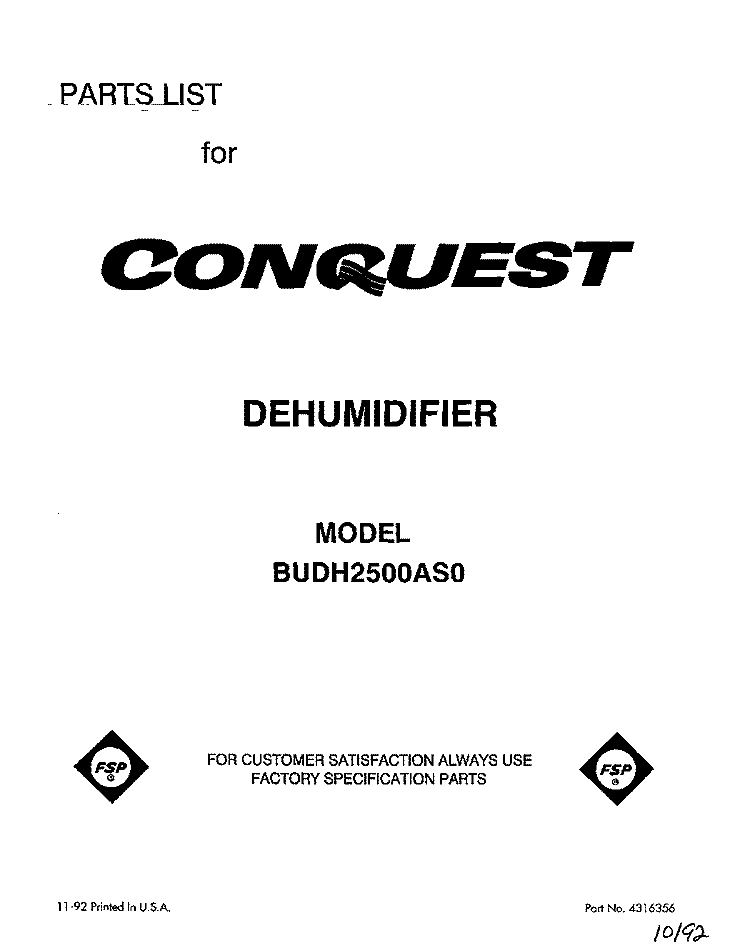 SECTION Diagram and Parts List for BUDH2500AS0  Whirlpool Dehumidifier