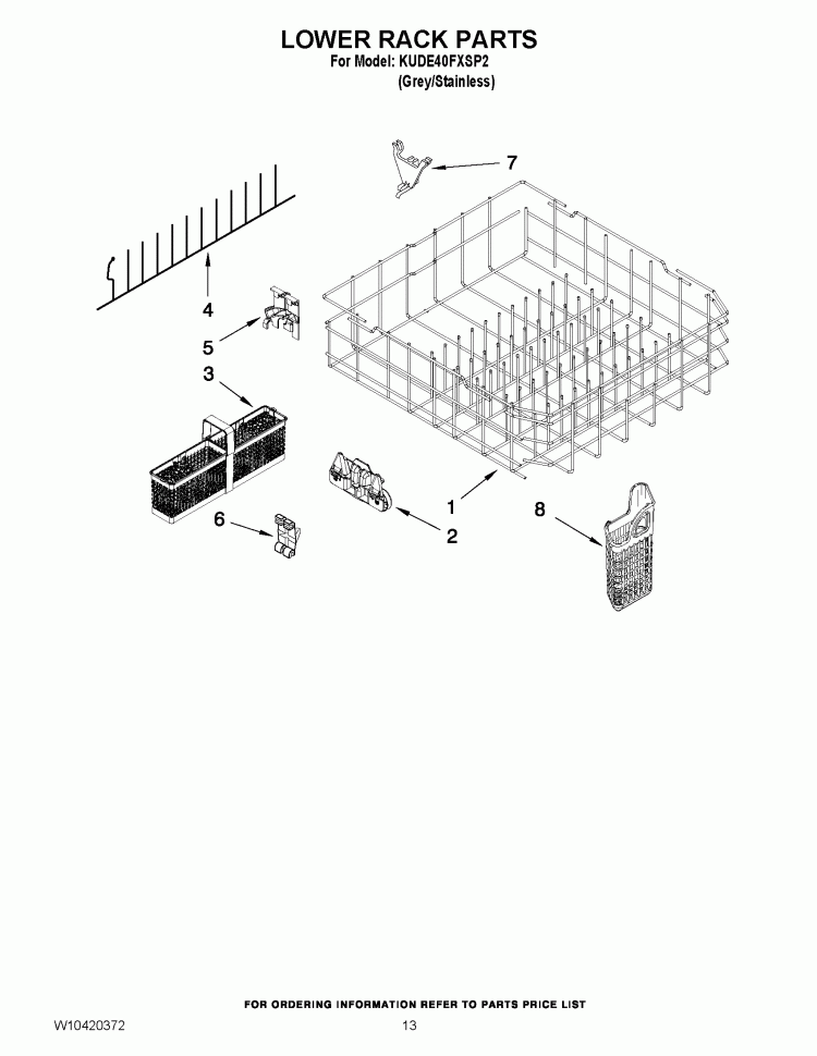 LOWER RACK PARTS Diagram and Parts List for KUDE40FXSP2  KitchenAid Dishwasher