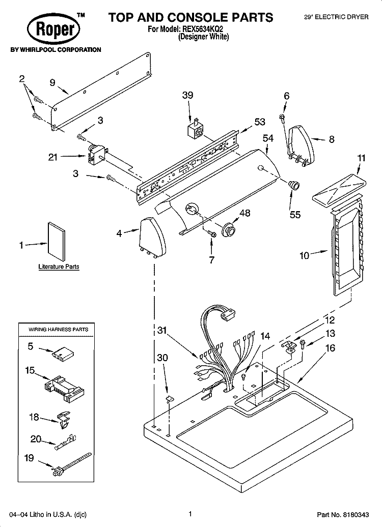 TOP AND CONSOLE PARTS Diagram and Parts List for REX5634KQ2  Roper Dryer