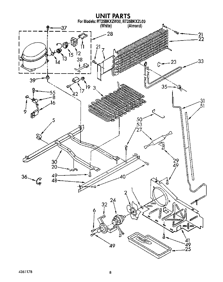 UNIT Diagram and Parts List for RT25BKXZW00  Roper Refrigerator