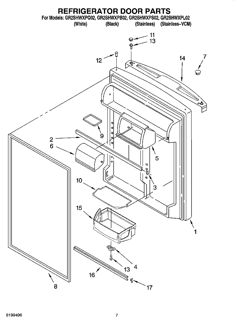 REFRIGERATOR DOOR PARTS Diagram and Parts List for GR2SHWXPS02  Whirlpool Refrigerator