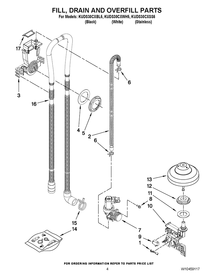 FILL, DRAIN AND OVERFILL PARTS Diagram and Parts List for KUDS30CXBL5  KitchenAid Dishwasher