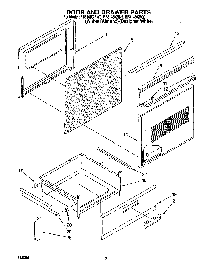 DOOR AND DRAWER Diagram and Parts List for RF314BXBN0  Whirlpool Range