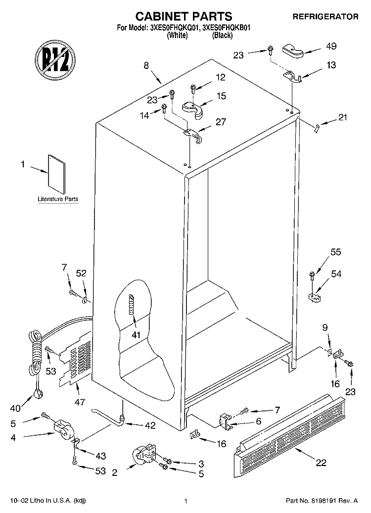 CABINET, LITERATURE Diagram and Parts List for 3XES0FHQKB01  Whirlpool Refrigerator