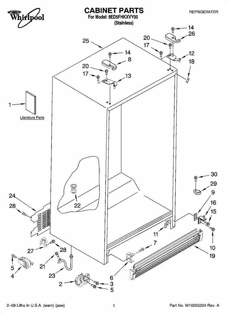 CABINET PARTS Diagram and Parts List for 8ED5FHKXVY00  Whirlpool Refrigerator