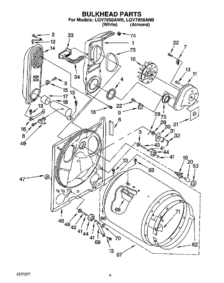 BULKHEAD Diagram and Parts List for LGV7858AN0  Whirlpool Dryer