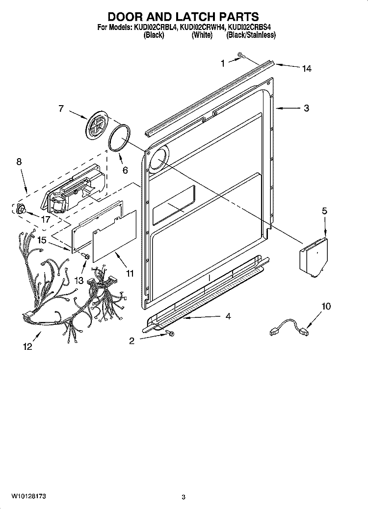 DOOR AND LATCH PARTS Diagram and Parts List for KUDI02CRBL4  KitchenAid Dishwasher