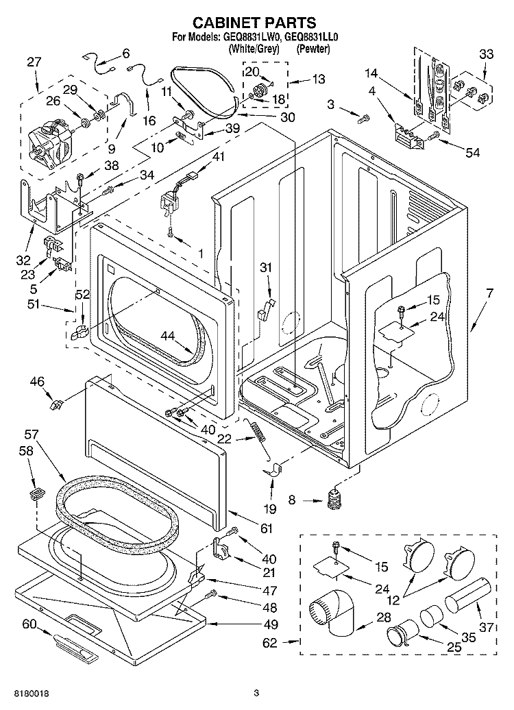CABINET PARTS Diagram and Parts List for GEQ8831LL0  Whirlpool Dryer
