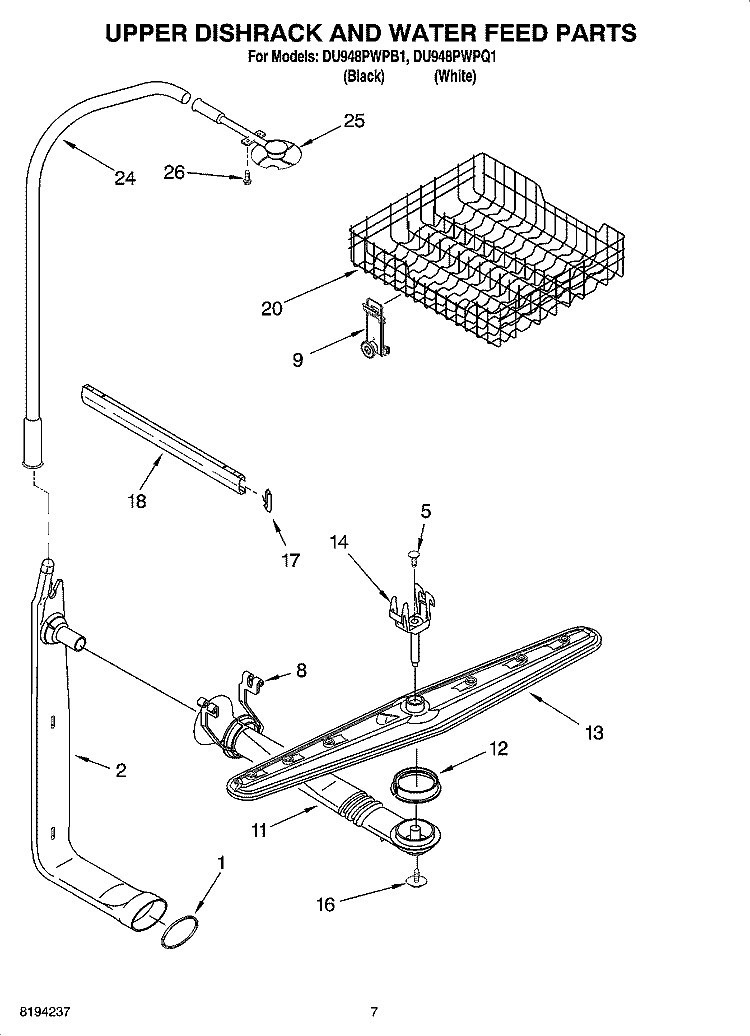 UPPER DISHRACK AND WATER FEED PARTS Diagram and Parts List for DU948PWPQ1  Whirlpool Dishwasher