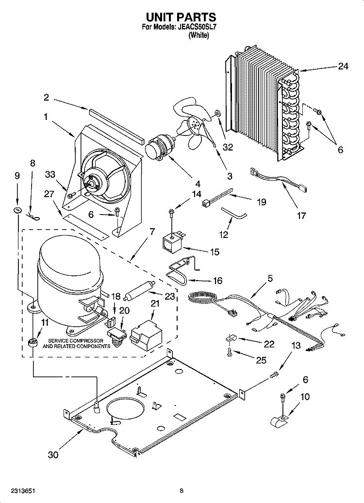 UNIT PARTS, OPTIONAL PARTS Diagram and Parts List for JEACS50SL7  Whirlpool Ice Maker