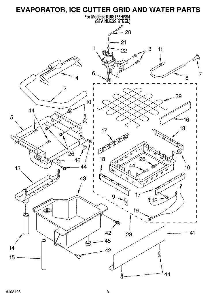 EVAPORATOR ICE CUTTER GRID AND WATER PARTS Diagram and Parts List for KUIS155HRS4  KitchenAid Ice Maker