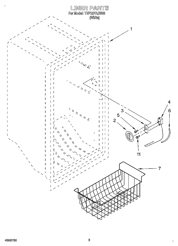 LINER Diagram and Parts List for TVF15FRJW00  Whirlpool Freezer