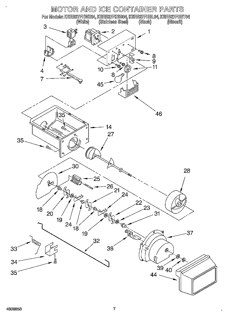 MOTOR AND ICE CONTAINER Diagram and Parts List for KSRB27FHBL04  KitchenAid Refrigerator