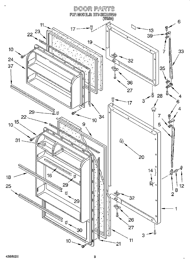 DOOR Diagram and Parts List for RT14BKXGW00  Roper Refrigerator
