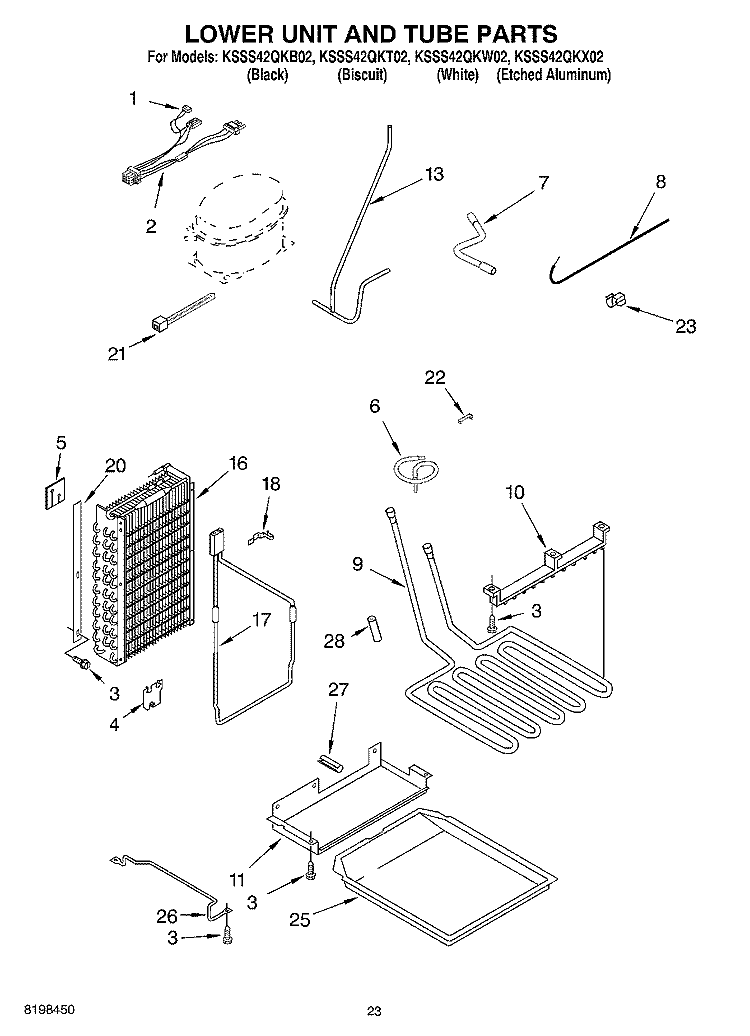 LOWER UNIT AND TUBE PARTS Diagram and Parts List for KSSS42QKT02  KitchenAid Refrigerator