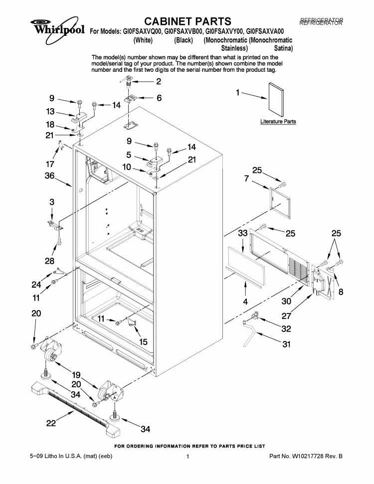 CABINET PARTS Diagram and Parts List for GI0FSAXVB00  Whirlpool Refrigerator