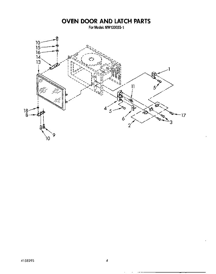 OVEN DOOR AND LATCH Diagram and Parts List for MW1200XS1  Whirlpool Microwave