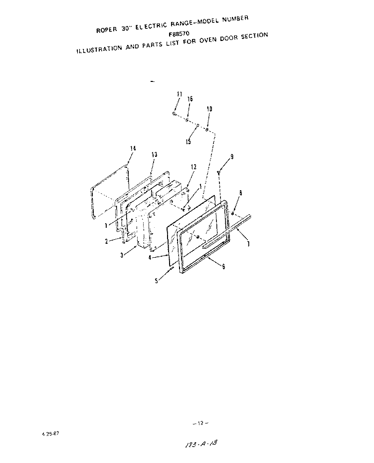 OVEN DOOR Diagram and Parts List for F8857W0  Roper Range