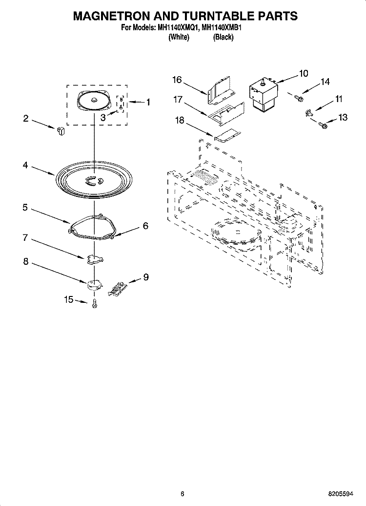 MAGNETRON AND TURNTABLE PARTS Diagram and Parts List for MH1140XMQ1  Whirlpool Microwave
