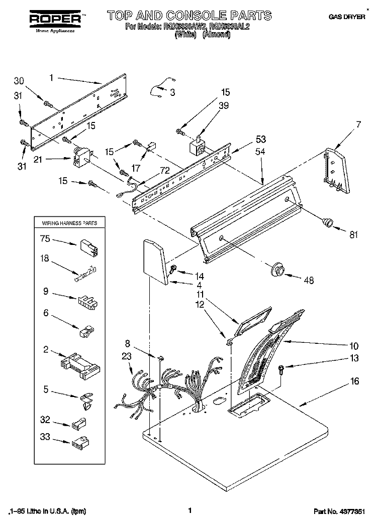 TOP AND CONSOLE, LIT/OPTIONAL Diagram and Parts List for RGX5636AW2  Roper Dryer