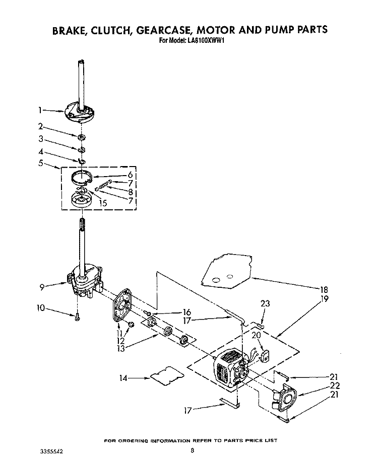 BRAKE, CLUTCH, GEARCASE, MOTOR AND PUMP Diagram and Parts List for LA8100XWW1  Whirlpool Washer