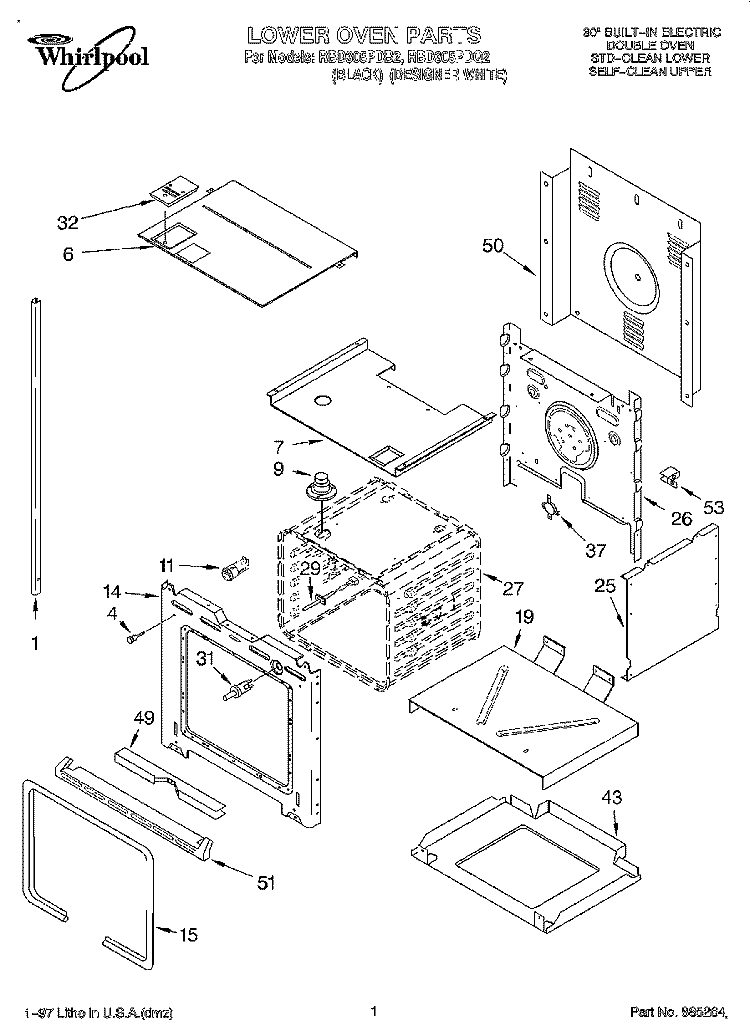 LOWER OVEN Diagram and Parts List for RBD305PDB2  Whirlpool Wall Oven