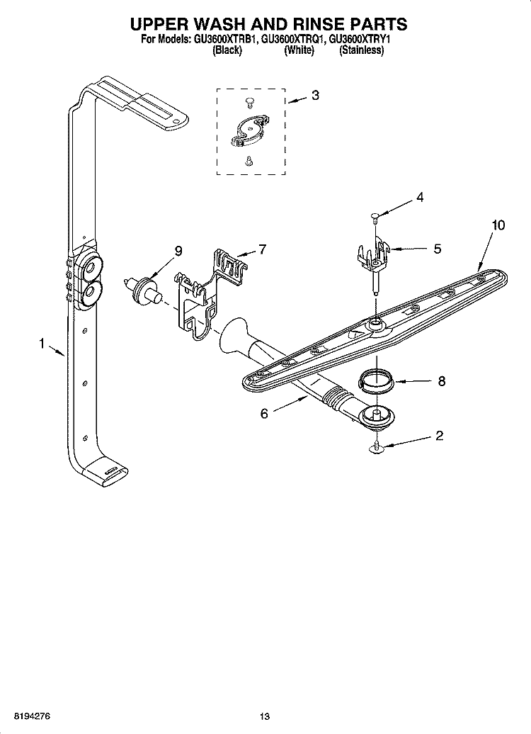 UPPER WASH AND RINSE PARTS Diagram and Parts List for GU3600XTRB1  Whirlpool Dishwasher